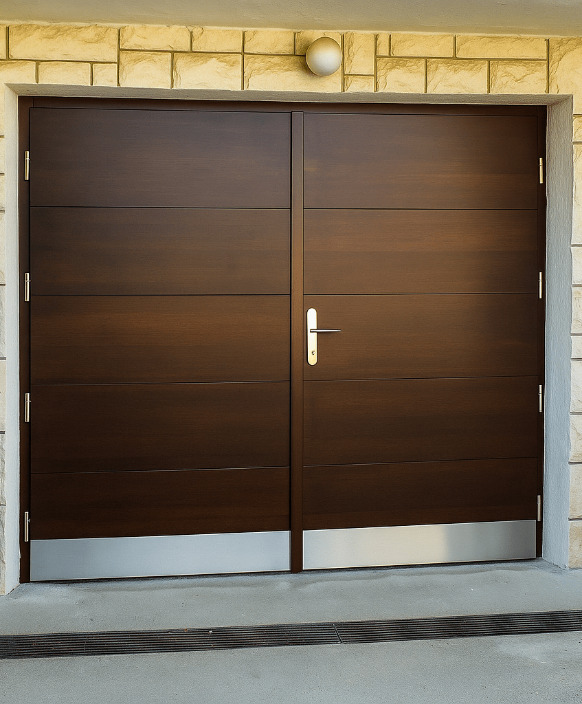 Moderna temna lesena vhodna vrata za garažo.