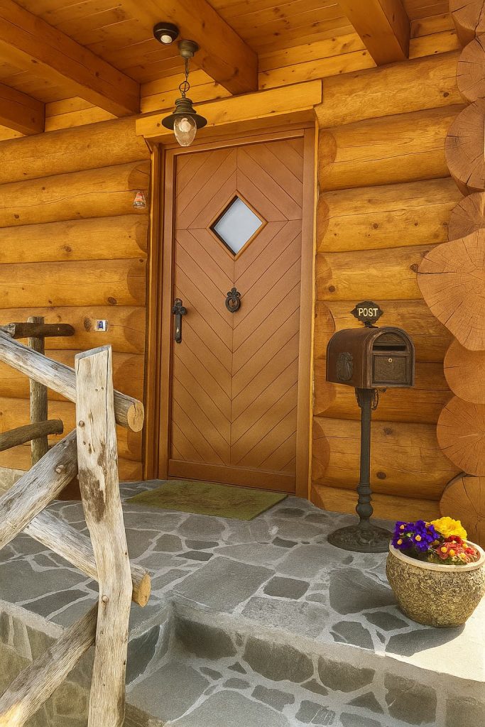 Rustikalna vhodna lesena vrata rjave barve.