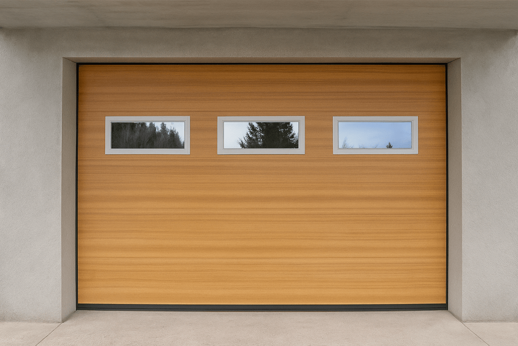 Moderna lesena dvižna garažna vrata z vstavki stekla.